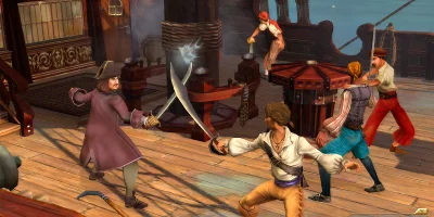 A pirate and a frenchman in combat with swords