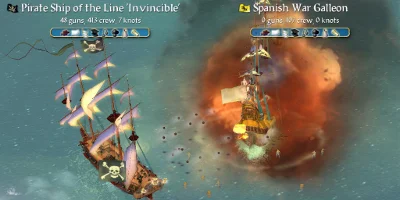 A pirate ship, turning a Spanish War Galleon into driftwood