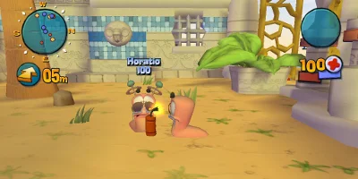 A worm called Horatio, about to be blown skyward by some dynamite