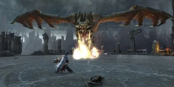 A dragon bearing down a wall of fire upon the player, in a 'boss fight