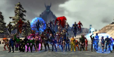 An array of superheroes, stood before a mountain with a head at it's top