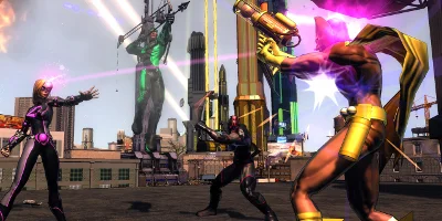 Four heroes attacking with various forms of offence