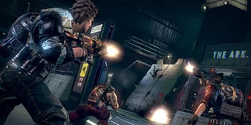 A group of soldiers firing towards a pair of enemies