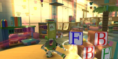 Buzz Lightyear, kicking some lettered blocks