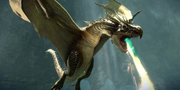 A dragon in flight, breathing fire