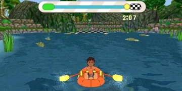 The player, near the end of a course involving rowing a boat