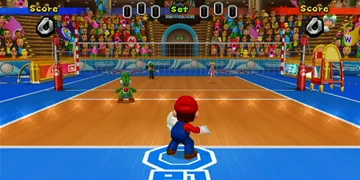 Mario, holding the ball in a volleyball game