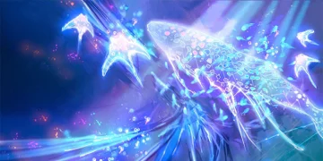 A group of mantaray-shaped glowing creatures, around a huge whale-shaped creature