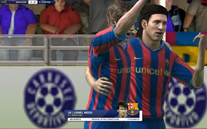 Two Barcelona players, celebrating a goal