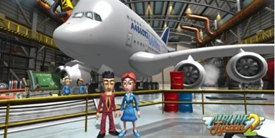A plane in a hangar, with two characters stood in the foreground