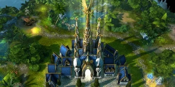 A castle, shining a bright light towards the sky