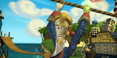The main character, Guybrush Threepwood, holding onto a rope