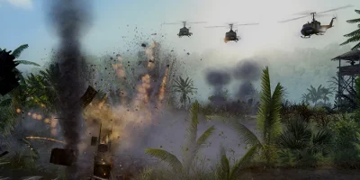 Three helicopters make light work of ground targets with their powerful weapons