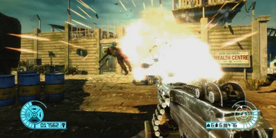 An enemy is blown skyward, by a nearby explosion