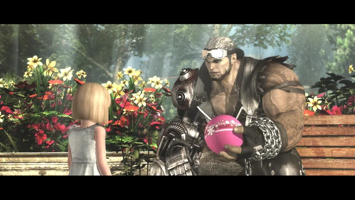 giant man with pink handing back a little pink ball to a young girl