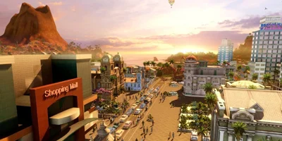 A high-street-like location, with a shopping mall visible to the left of the screen
