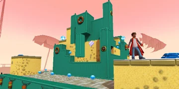 The player, in a 3D, green and yellow world