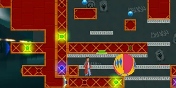 The player, on a 2D level made mostly of red scaffolding