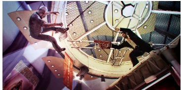 The player, throwing a zombie off a ledge