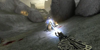 The player, firing a strange weapon at an enemy