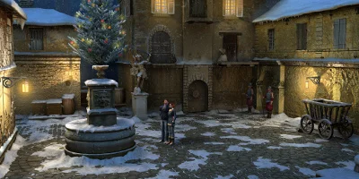 Two characters, male and female, standing in a courtyard, looking at a christmas tree