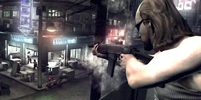 Lynch, firing down from a balcony to what appear to be police officers