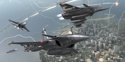 Two 'Rafale' jet fighters, being fired at by a Russian Flanker