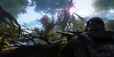 sniper hiding against tree