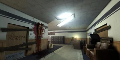 An abandonded building with a man impaled on the wall