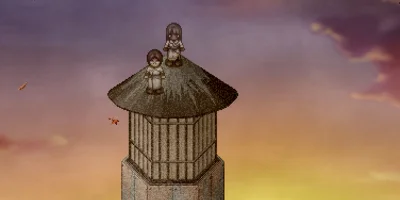 Two characters stood on top of a lighthouse