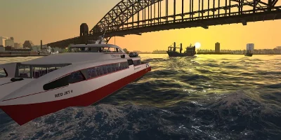 A large cruise ship in a sunset