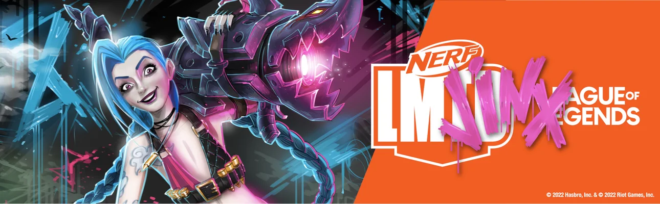 Nerf banner. Text on the image reads Nerf LMTD. League of Legends. The name Jinx is painted on top of the Nerf logo.
