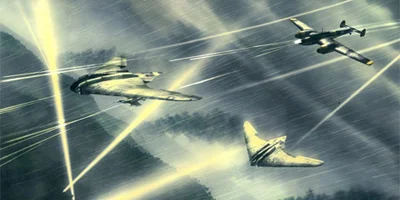 Two prototype aircraft being attacked by the gunners of a bomber