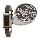 Oasis Women's Diamante Black Strap Watch & Compact Mirror Set