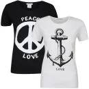 Taylor Women's 2-Pack Peace And Anchor Graphic T-Shirts - Black & White
