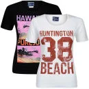 Pure Juice Women's 2 Pack Hawaiian & Huntingdon Beach Graphic T-Shirt - Black/White
