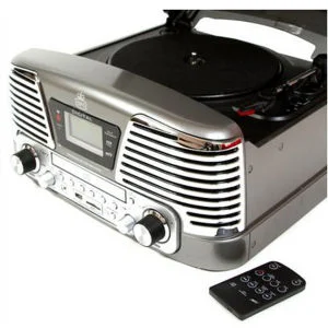 GPO Retro Memphis Turntable 4-in-1 Music System with Built in CD and FM Radio - Silver