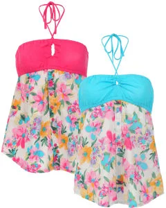 Brave Soul Women's 2-Pack Floral Summer Halter Neck Top - Pink/Blue