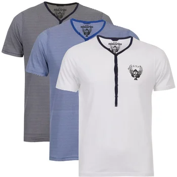Ringspun Men's 3-Pack Meteor Short Sleeve Grandad T-Shirt - Navy Striped/White/Royal Striped