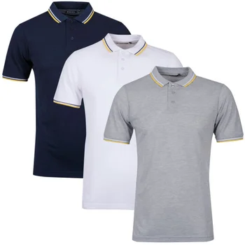 Brave Soul Men's 3-Pack Tip Polo Shirts - Light Grey Marl/White/Navy