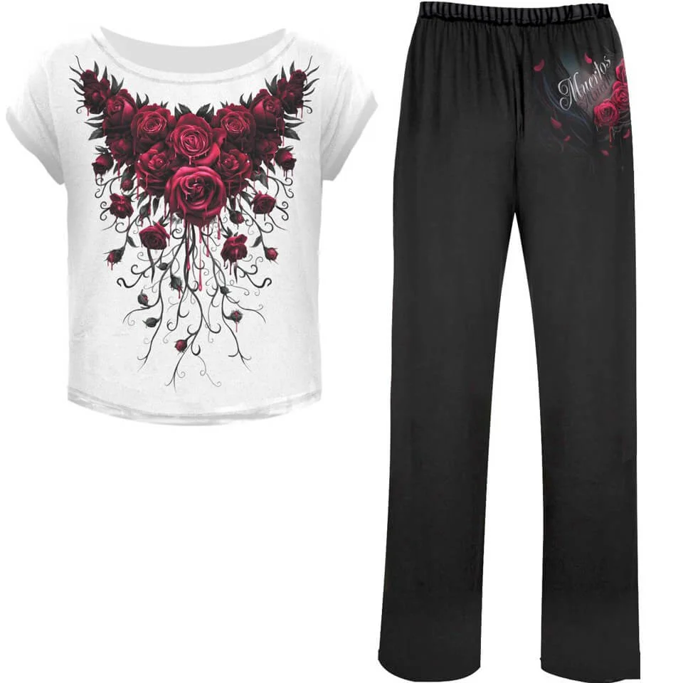Spiral Women's BLOOD ROSE 4 Piece Gothic Pyjama Set - L - Black/White Image 1