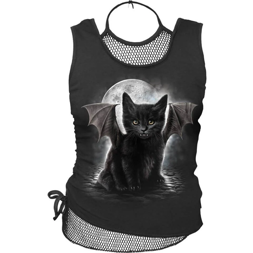 Spiral Women's BAT CAT 2 in 1 Neck Tie Mesh Top - Black - L - Black Image 1