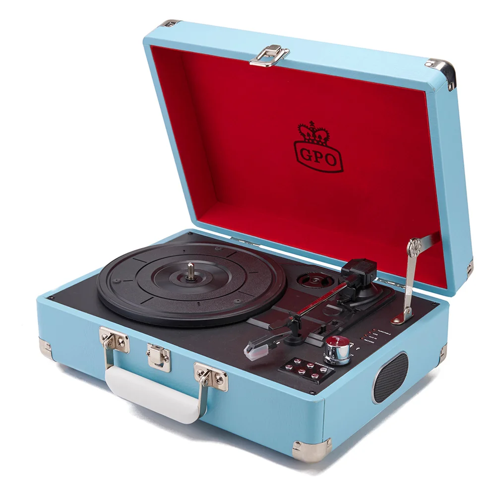 GPO Retro Attache Briefcase Style Three-Speed Portable Vinyl Turntable with Free USB Stick and Built-In Speakers - Sky Blue Image 1