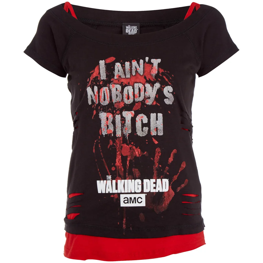 Spiral Women's Walking Dead Nobody's B*tch 2 in 1 Ripped Top - Black/Red - S - Black/Red Image 1