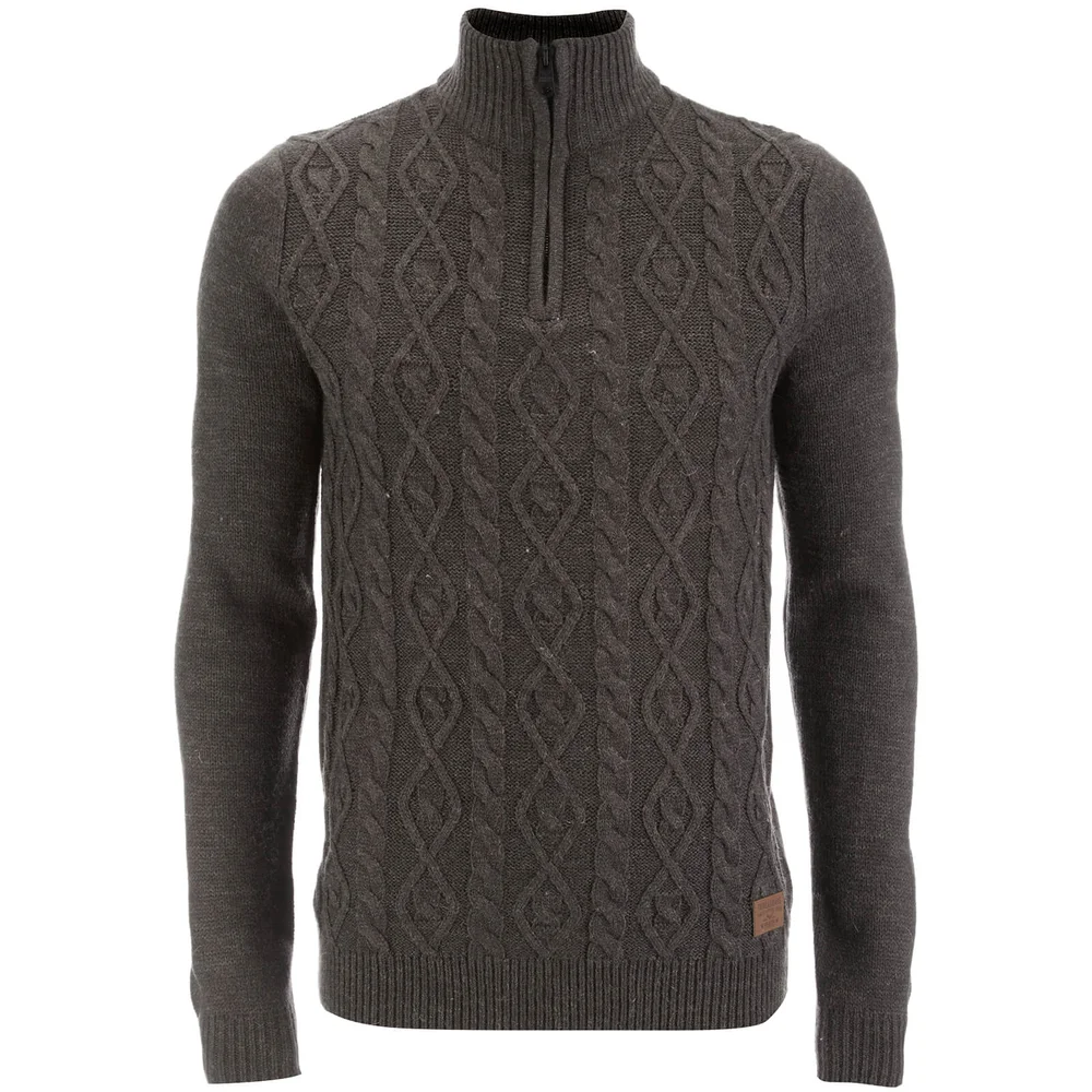 Threadbare Men's Furrow Zip Neck Cable Jumper - Charcoal Marl - S - Grey Image 1