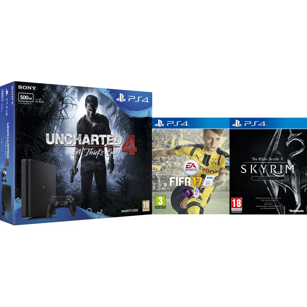 PlayStation 4 Slim 500GB With Uncharted 4, FIFA 17 and The Elder Scrolls V: Skyrim Special Edition Image 1