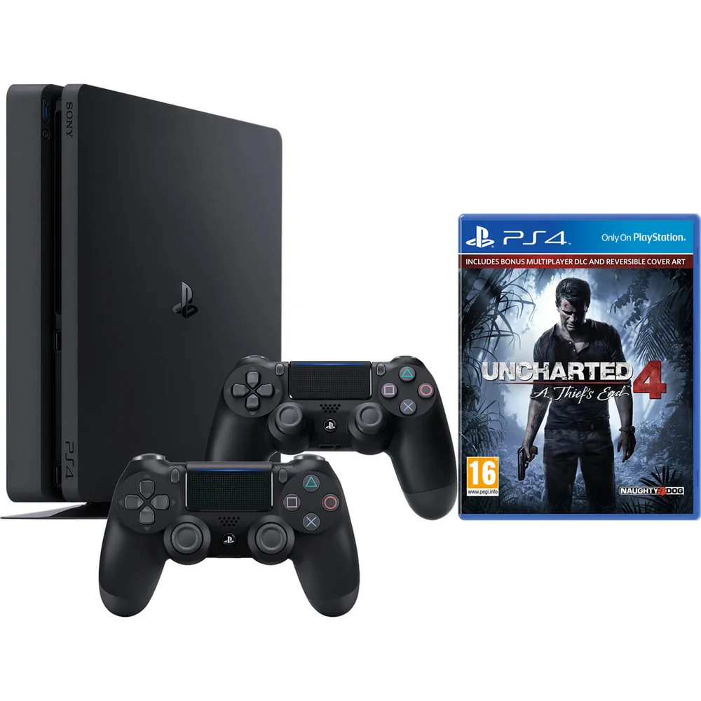 Sony Playstation 4 Slim 1TB Console with Uncharted 4 and DualShock 4 Controller V2 - Black Image 1