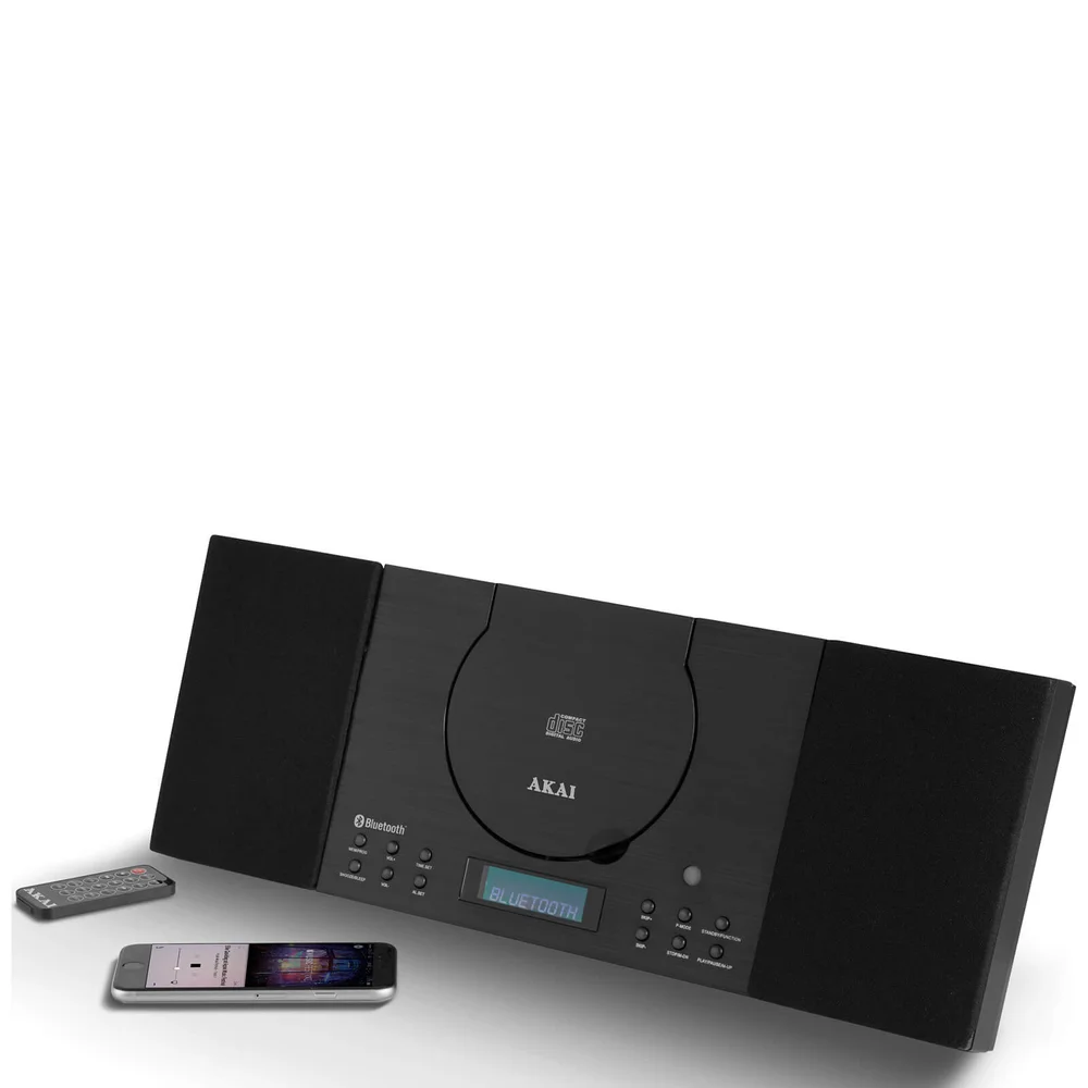 Akai Wall Mountable Home Audio Bluetooth System (CD, MP3, FM, LCD, Alarm) - Black Image 1