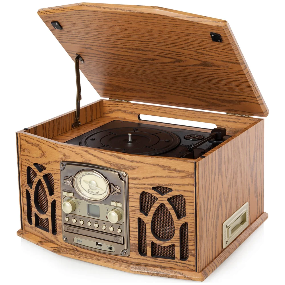 iTek Retro Antique Vintage 5-in-1 Music System (Cassette, CD, Radio, Headphone Jack and Turntable) - Wood Image 1
