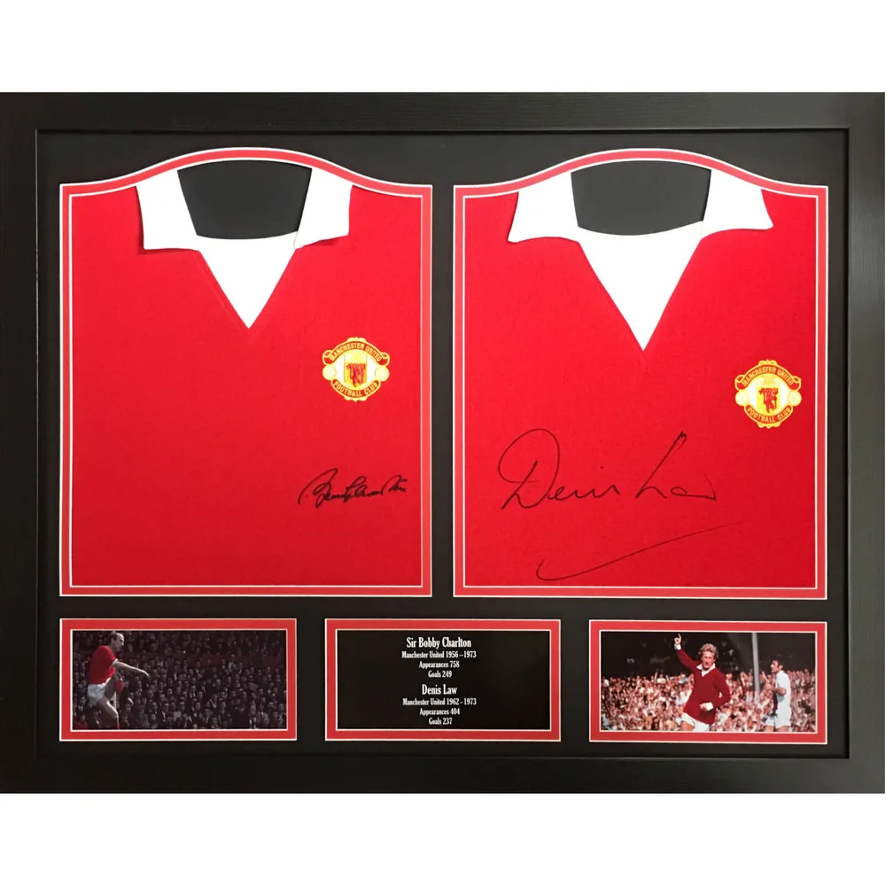 Bobby Charlton and Denis Law Signed and Framed Shirts Image 1